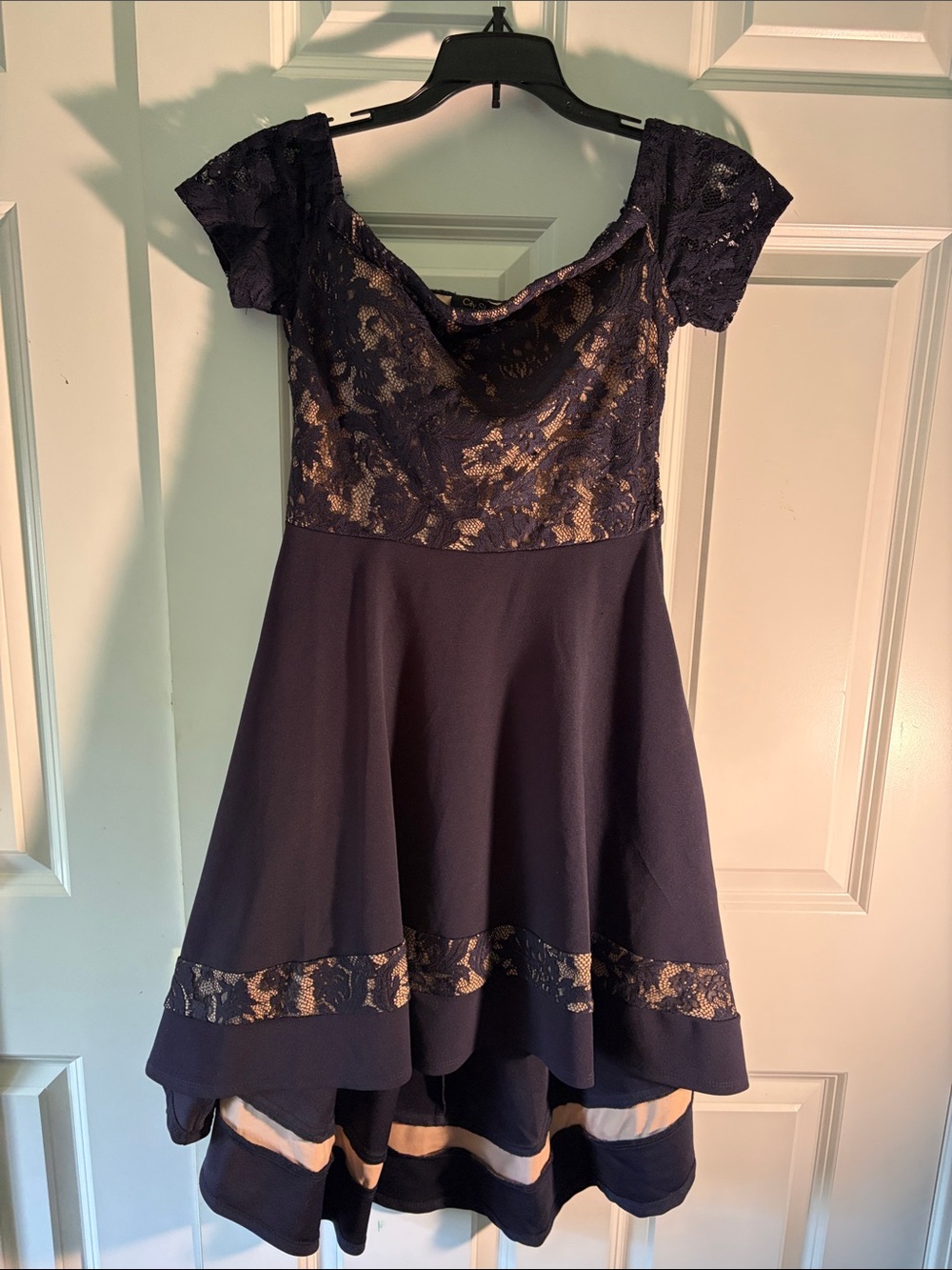 Navy Lace Off Shoulder and High Low Formal Dress